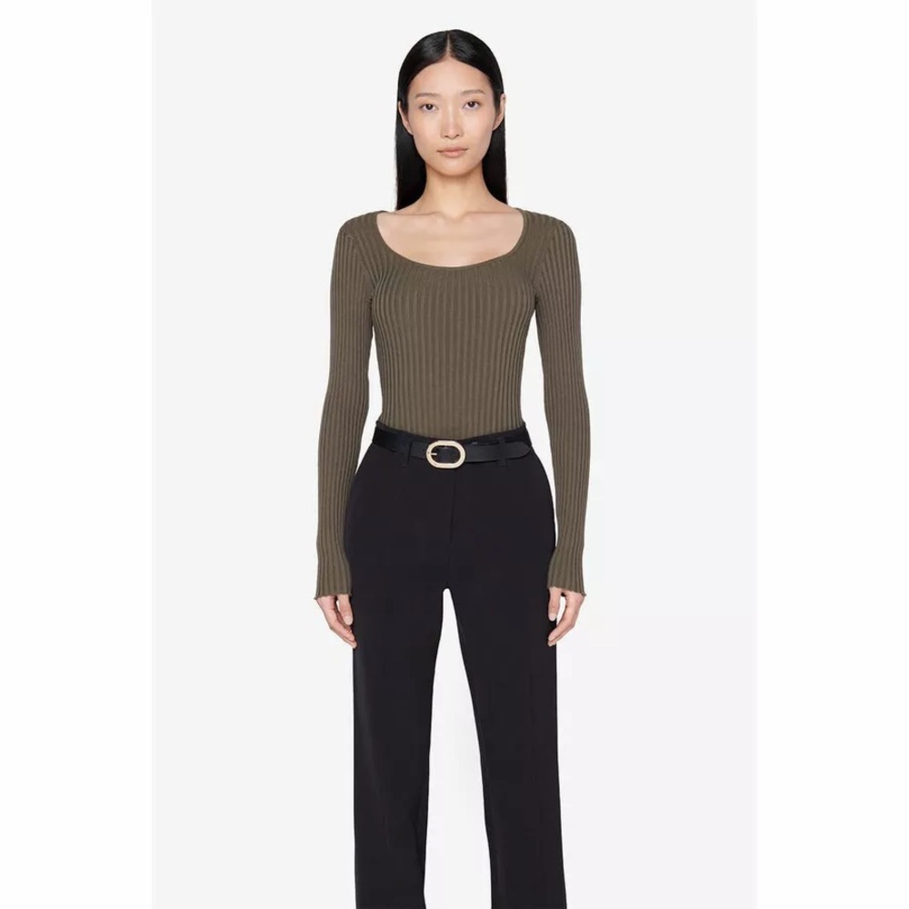 Anine Bing Felicity Ribbed Knit Bodysuit in Olive - Picture 2 of 14